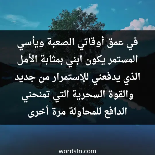 في عمق أوقاتي الصعبة ويأسي المستمر، يكون ابني بمثابة الأمل الذي يدفعني للإستمرار من جديد، والقوة السحرية التي تمنحني الدافع للمحاولة مرة أخرى