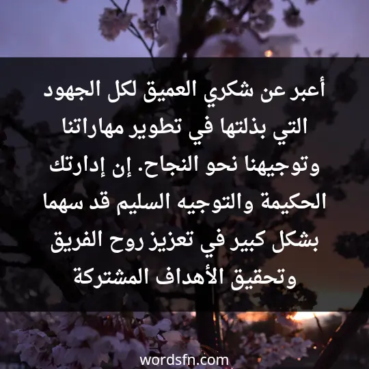 أعبر عن شكري العميق لكل الجهود التي بذلتها في تطوير مهاراتنا وتوجيهنا نحو النجاح. إن إدارتك الحكيمة والتوجيه السليم قد سهما بشكل كبير في تعزيز روح الفريق وتحقيق الأهداف المشتركة