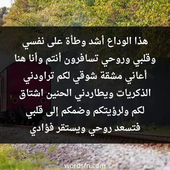 هذا الوداع أشد وطأة على نفسي وقلبي وروحي. تسافرون أنتم، وأنا هنا أعاني مشقة شوقي لكم. تراودني الذكريات، ويطاردني الحنين، اشتاق لكم ولرؤيتكم وضمكم إلى قلبي فتسعد روحي ويستقر فؤادي - فن العبارات هذا الوداع أشد وطأة على نفسي وقلبي وروحي. تسافرون أنتم، وأنا هنا أعاني مشقة شوقي لكم. تراودني الذكريات، ويطاردني الحنين، اشتاق لكم ولرؤيتكم وضمكم إلى قلبي فتسعد روحي ويستقر فؤادي