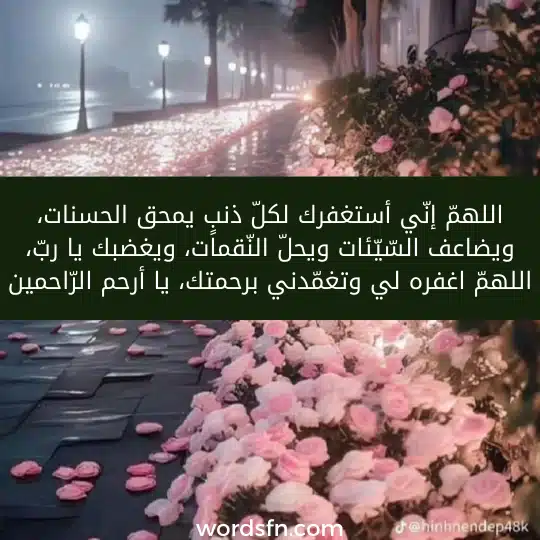 للهمّ إنّي أستغفرك لكلّ ذنبٍ يمحق الحسنات، ويضاعف السّيّئات ويحلّ النّقمات، ويغضبك يا ربّ، اللهمّ اغفره لي وتغمّدني برحمتك، يا أرحم الرّاحمين. - فن العبارات للهمّ إنّي أستغفرك لكلّ ذنبٍ يمحق الحسنات، ويضاعف السّيّئات ويحلّ النّقمات، ويغضبك يا ربّ، اللهمّ اغفره لي وتغمّدني برحمتك، يا أرحم الرّاحمين.