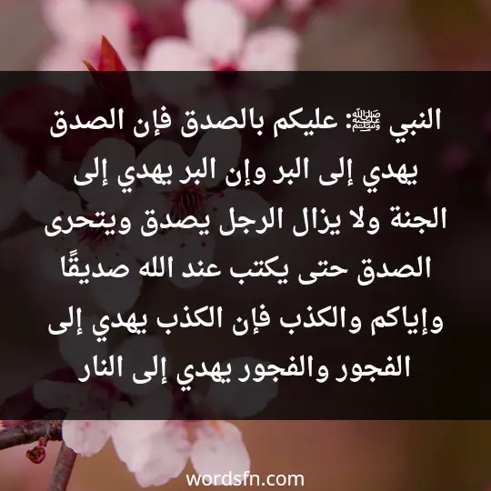النبي ﷺ: عليكم بالصدق! فإن الصدق يهدي إلى البر، وإن البر يهدي إلى الجنة. ولا يزال الرجل يصدق ويتحرى الصدق حتى يكتب عند الله صديقًا، وإياكم والكذب! فإن الكذب يهدي إلى الفجور، والفجور يهدي إلى النار