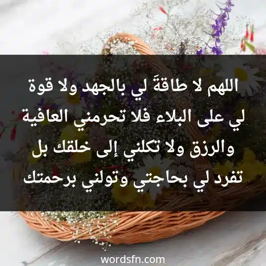 اللهم لا طاقةَ لي بالجهد. ولا قوة لي على البلاء، فلا تحرمني العافية والرزق ولا تكلني إلى خلقك، بل تفرد لي بحاجتي وتولني برحمتك.