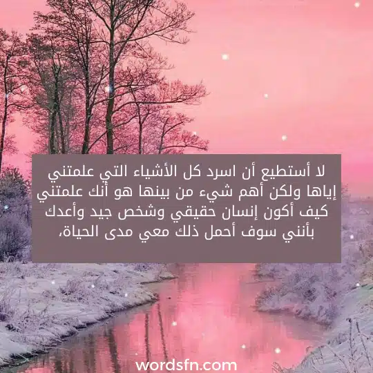 لا أستطيع أن اسرد كل الأشياء التي علمتني إياها ولكن أهم شيء من بينها هو أنك علمتني كيف أكون إنسان حقيقي وشخص جيد وأعدك بأنني سوف أحمل ذلك معي مدى الحياة - فن العبارات لا أستطيع أن اسرد كل الأشياء التي علمتني إياها ولكن أهم شيء من بينها هو أنك علمتني كيف أكون إنسان حقيقي وشخص جيد وأعدك بأنني سوف أحمل ذلك معي مدى الحياة