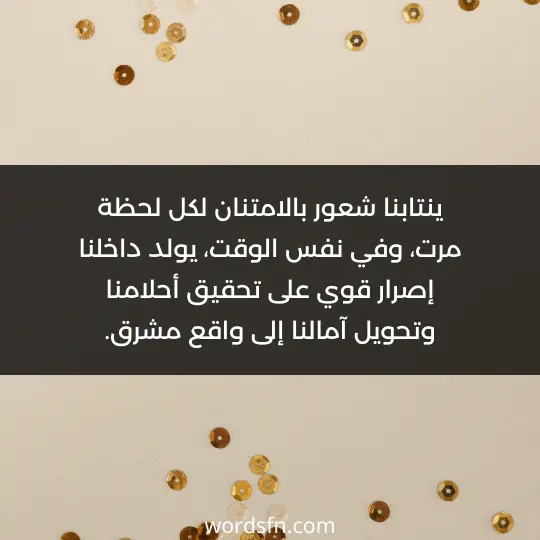 ينتابنا شعور بالامتنان لكل لحظة مرت، وفي نفس الوقت، يولد داخلنا إصرار قوي على تحقيق أحلامنا وتحويل آمالنا إلى واقع مشرق.