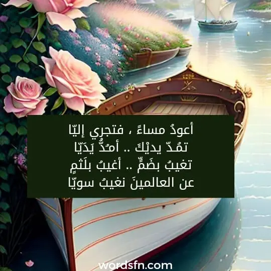 أعودُ مساءً ، فتجري إليّا تمُـدّ يديْكَ .. أمـُدُّ يَدَيّا تغيبُ بضَمٍّ .. أغيبُ بلَثمٍ عن العالمينَ نغيبُ سويّا - فن العبارات أعودُ مساءً ، فتجري إليّا تمُـدّ يديْكَ .. أمـُدُّ يَدَيّا تغيبُ بضَمٍّ .. أغيبُ بلَثمٍ عن العالمينَ نغيبُ سويّا