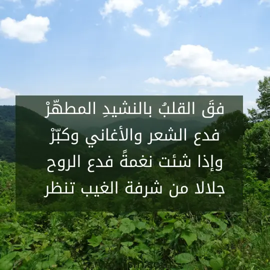 قَ القلبُ بالنشيدِ المطهّرْ فدع الشعر والأغاني وكبّرْ وإذا شئت نغمةً فدع الروح جلالا من شرفة الغيب تنظر - فن العبارات قَ القلبُ بالنشيدِ المطهّرْ فدع الشعر والأغاني وكبّرْ وإذا شئت نغمةً فدع الروح جلالا من شرفة الغيب تنظر