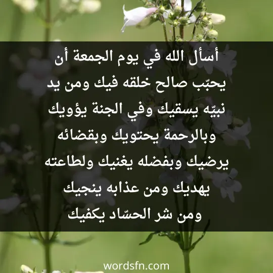 أسأل الله في يوم الجمعة أن يحبّب صالح خلقه فيك، ومن يد نبيّه يسقيك، وفي الجنة يؤويك، وبالرحمة يحتويك، وبقضائه يرضيك، وبفضله يغنيك، ولطاعته يهديك، ومن عذابه ينجيك، ومن شر الحسّاد يكفيك