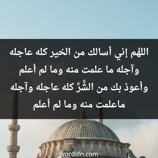 اللهُم إني أسالك من الخير كله عاجله وآجله ما علمت منه وما لم أعلم وأعوذ بك من الشَّرِّ كله عاجله وآجله ماعلمت منه وما لم أعلم