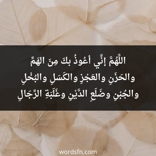 اللَّهُمَّ إنِّي أعُوذُ بكَ مِنَ الهَمِّ والحَزَنِ، والعَجْزِ والكَسَلِ، والبُخْلِ والجُبْنِ، وضَلَعِ الدَّيْنِ، وغَلَبَةِ الرِّجَالِ