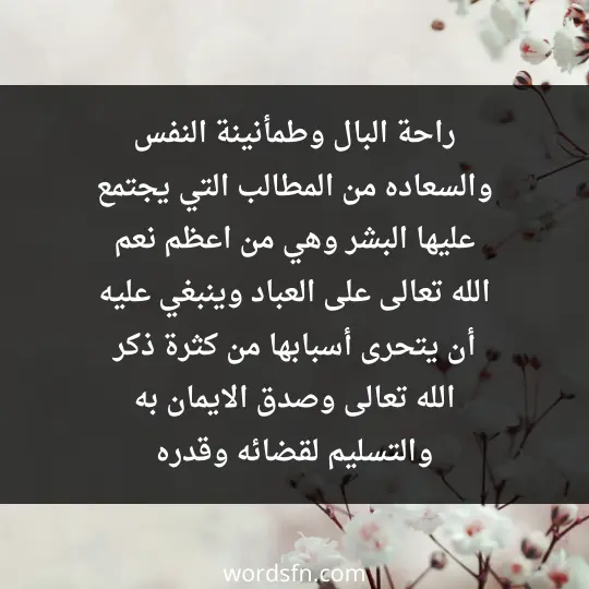 راحة البال وطمأنينة النفس والسعاده من المطالب التي يجتمع عليها البشر وهي من اعظم نعم الله تعالى على العباد،وينبغي عليه أن يتحرى أسبابها من كثرة ذكر الله تعالى ، وصدق الايمان به والتسليم لقضائه وقدره - فن العبارات راحة البال وطمأنينة النفس والسعاده من المطالب التي يجتمع عليها البشر وهي من اعظم نعم الله تعالى على العباد،وينبغي عليه أن يتحرى أسبابها من كثرة ذكر الله تعالى ، وصدق الايمان به والتسليم لقضائه وقدره