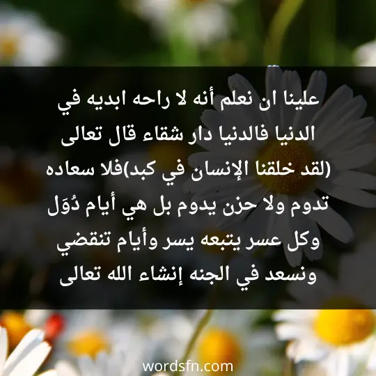 علينا ان نعلم أنه لا راحه ابديه في الدنيا، فالدنيا دار شقاء ،قال تعالى (لقد خلقنا الإنسان في كبد)فلا سعاده تدوم ولا حزن يدوم بل هي أيام دُوَل وكل عسر يتبعه يسر، وأيام تنقضي ونسعد في الجنه إنشاء الله تعالى. - فن العبارات علينا ان نعلم أنه لا راحه ابديه في الدنيا، فالدنيا دار شقاء ،قال تعالى (لقد خلقنا الإنسان في كبد)فلا سعاده تدوم ولا حزن يدوم بل هي أيام دُوَل وكل عسر يتبعه يسر، وأيام تنقضي ونسعد في الجنه إنشاء الله تعالى.