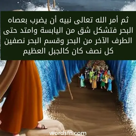ثم أمر الله تعالى نبيه أن يضرب بعصاه البحر فتشكل شق من اليابسة وامتد حتى الطرف الآخر من البحر وقسم البحر نصفين كل نصف كان كالجبل العظيم
