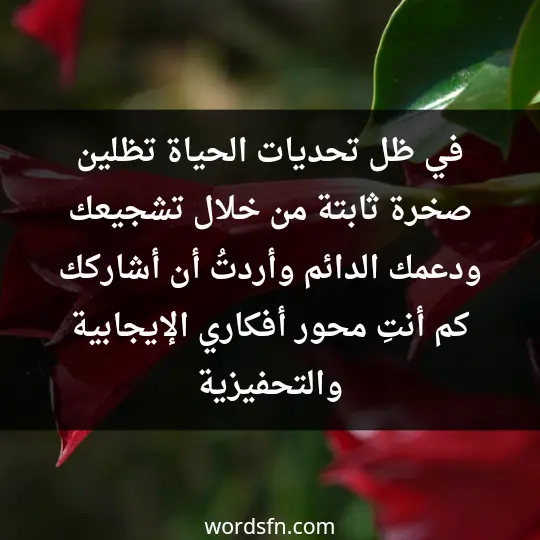 في ظل تحديات الحياة، تظلين صخرة ثابتة من خلال تشجيعك ودعمك الدائم، وأردتُ أن أشاركك كم أنتِ محور أفكاري الإيجابية والتحفيزية