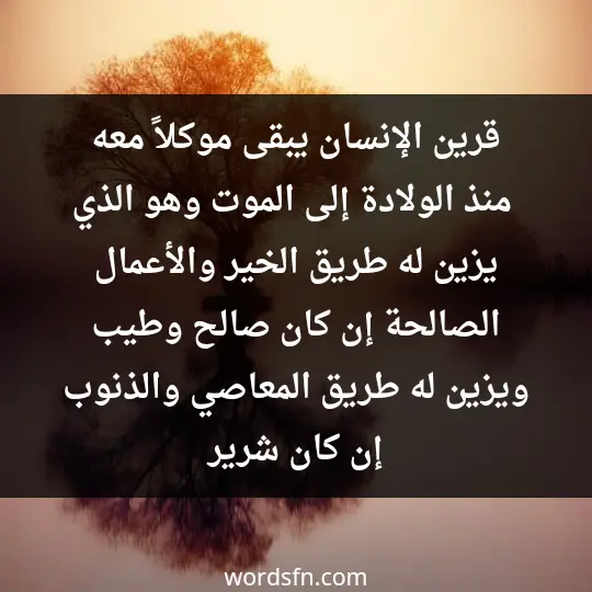 قرين الإنسان يبقى موكلاً معه منذ الولادة إلى الموت وهو الذي يزين له طريق الخير والأعمال الصالحة إن كان صالح وطيب. ويزين له طريق المعاصي والذنوب إن كان شرير